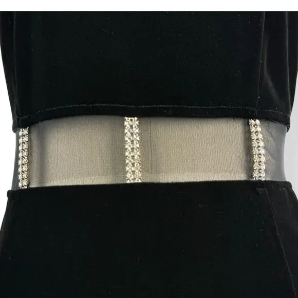 90's sexy black velvet long fitted dress with high slit and mesh crystal trim - Picture 12 of 16